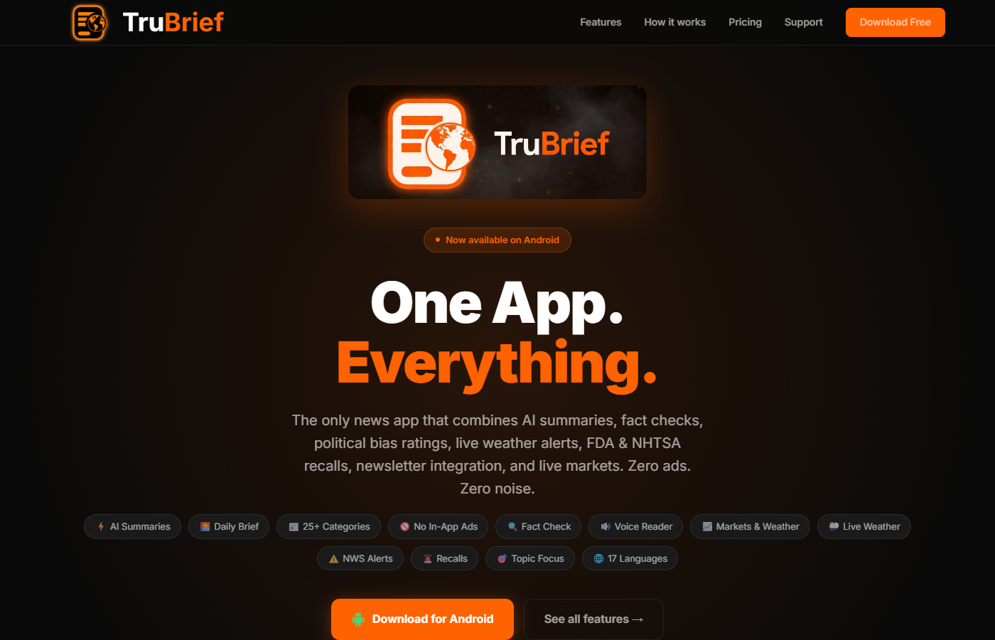 TruBrief app screenshot showing news summaries and live weather